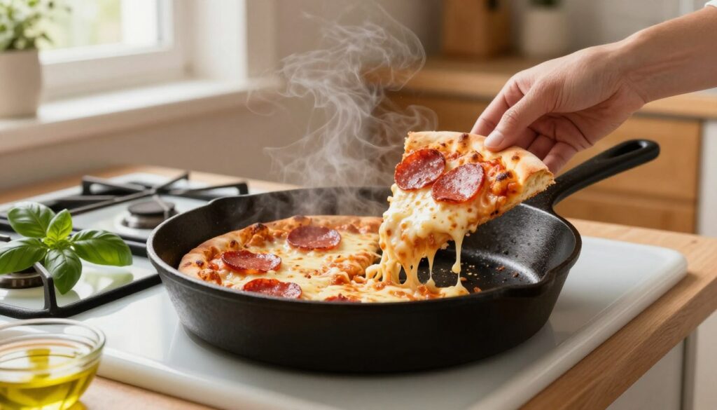A beautifully presented scene of reheating pizza on a skillet, focusing on a golden-brown, crispy pizza slice being placed onto a black cast-iron pan. The foreground features a close-up of the pizza with melted cheese and vibrant red pepperoni, steam rising gently. In the middle, the skillet on a bright kitchen stovetop, surrounded by fresh ingredients like basil leaves and a small bowl of olive oil. The background showcases a cozy kitchen setting with soft, warm lighting, accented by wooden cabinets and a window letting in natural light. The atmosphere should feel inviting and homely, emphasizing the comforting act of delicious pizza preparation.