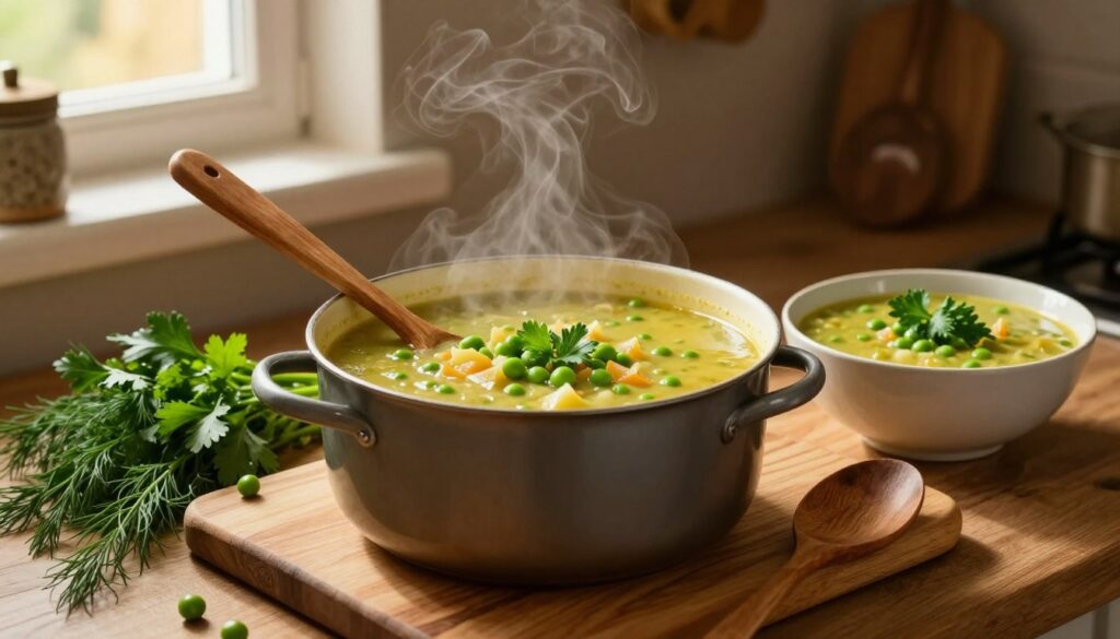 A beautifully staged kitchen scene showcasing a rustic pot of thick, aromatic pea soup (grochówka) simmering on a wooden stove. In the foreground, there are fresh herbs like parsley and dill, scattered on a wooden cutting board. The soup is vibrant yellow-green, with visible chunks of tender peas and vegetables, steam rising gently from it. In the middle ground, a wooden spoon rests against the pot, and a bowl filled with thick pea soup is placed next to it, garnished with a sprig of parsley. The background features warm, cozy kitchen elements like hanging utensils and a small window letting in warm, soft light, creating a homely atmosphere. The scene evokes comfort and culinary warmth, inviting viewers to imagine the delicious aroma of homemade soup. A beautifully staged kitchen scene showcasing a rustic pot of thick, aromatic pea soup (grochówka) simmering on a wooden stove. In the foreground, there are fresh herbs like parsley and dill, scattered on a wooden cutting board. The soup is vibrant yellow-green, with visible chunks of tender peas and vegetables, steam rising gently from it. In the middle ground, a wooden spoon rests against the pot, and a bowl filled with thick pea soup is placed next to it, garnished with a sprig of parsley. The background features warm, cozy kitchen elements like hanging utensils and a small window letting in warm, soft light, creating a homely atmosphere. The scene evokes comfort and culinary warmth, inviting viewers to imagine the delicious aroma of homemade soup.