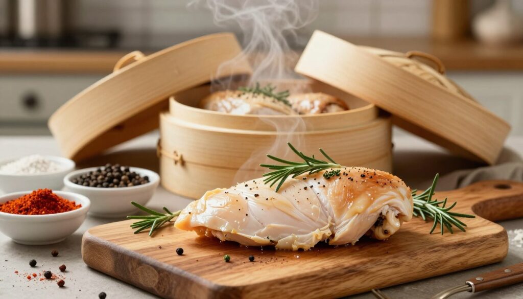 A beautifully steamed chicken breast, tender and juicy, presented on a rustic wooden cutting board. In the foreground, the chicken is garnished with fresh herbs, such as rosemary and thyme, enhancing its vibrant colors. In the middle ground, a steaming bamboo steamer sits, partially open to reveal more succulent chicken pieces. Surrounding the board are bowls of colorful spices—paprika, black pepper, and garlic powder—evoking a sense of flavorful seasoning. The background features a softly blurred kitchen setting, with warm, inviting lighting that creates a cozy atmosphere. The scene captures the essence of healthy cooking, emphasizing freshness and juiciness. The overall mood is comforting and homey, encouraging viewers to explore steaming as a method for delicious chicken preparation.
