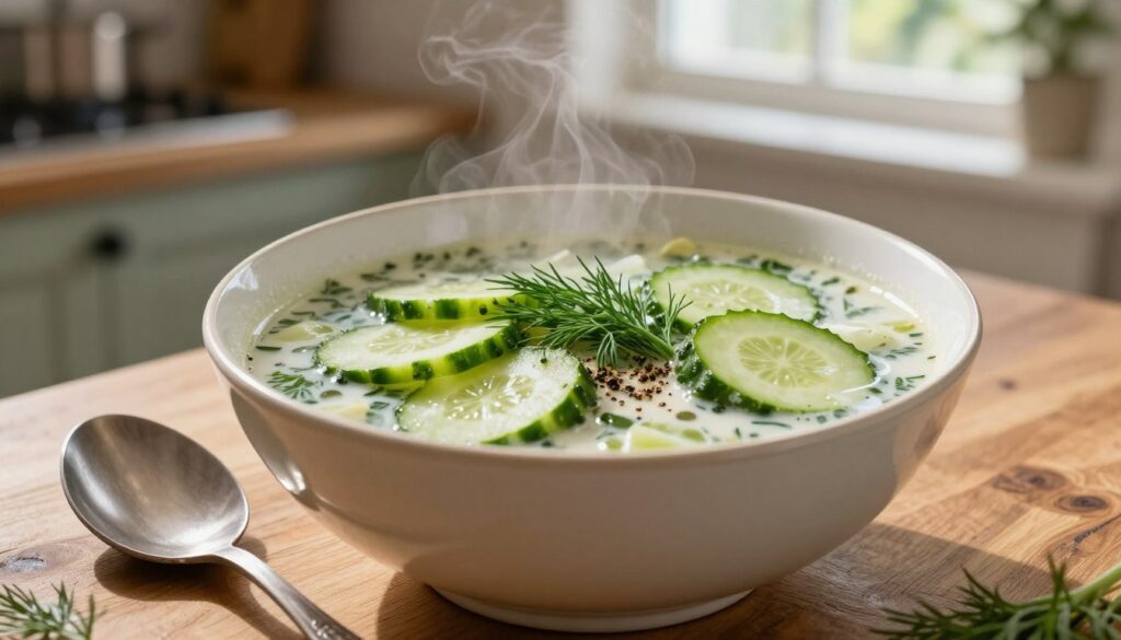 A beautifully styled bowl of traditional Polish zupa ogórkowa, with vibrant green cucumbers sliced delicately and floating in a rich, creamy broth. The foreground features a wooden table with a rustic spoon resting beside the bowl, reflecting the warmth of home cooking. In the middle, the zupa ogórkowa is garnished with fresh dill and a sprinkle of black pepper, enhancing its inviting aroma. In the background, soft, natural light filters through a kitchen window, casting a warm glow that highlights the steam rising from the soup. The atmosphere is cozy and inviting, evoking a sense of comfort and home, perfect for a cultural culinary experience.