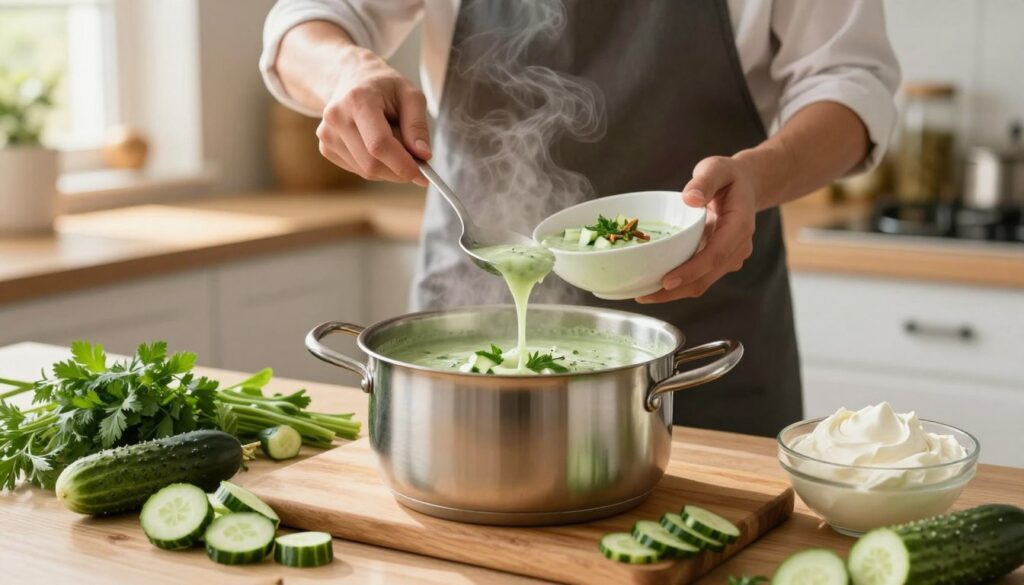 A beautifully styled kitchen countertop showcasing the process of making cucumber soup (zupa ogórkowa). In the foreground, a large stainless steel pot filled with creamy green soup sits on a wooden cutting board, surrounded by fresh ingredients: finely diced cucumbers, herbs, and a bowl of sour cream. The middle ground features a chef in a modest casual outfit, skillfully ladling soup into a bowl. Background elements include soft-focus kitchen shelves with jars of spices, and a window letting in warm, soft sunlight, creating a cozy, inviting atmosphere. The image is captured with a shallow depth of field, highlighting the vibrant colors of the ingredients and the steam rising from the pot, evoking the comforting essence of home cooking.