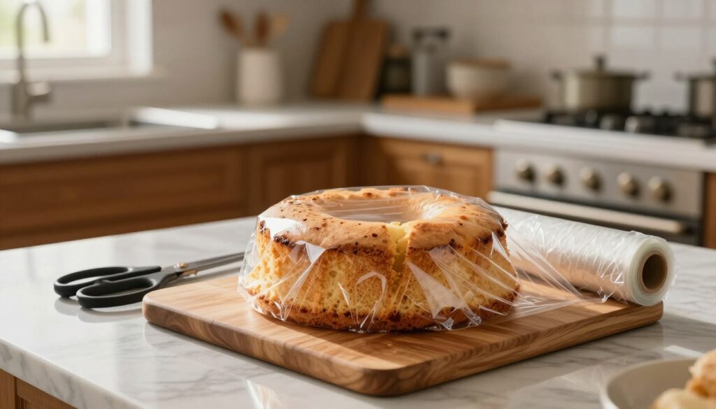 A beautifully styled kitchen setting featuring a freshly baked sponge cake being carefully wrapped in plastic wrap to preserve its moisture. In the foreground, the sponge cake is placed on a stylish wooden cutting board, with a pair of clean kitchen scissors resting beside the roll of plastic wrap. In the middle ground, a soft-focus background shows a cozy kitchen with warm, ambient lighting highlighting the marble countertops and wooden cabinets. The atmosphere is inviting and homey, evoking a sense of care and attention to food preservation. Natural light streams in through a window, creating gentle shadows that enhance the warmth of the scene. The shot is taken from a slightly elevated angle to capture the detail of the cake and wrapping process.