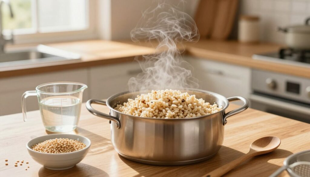 A bright, inviting kitchen scene with a wooden countertop showcasing a beautifully cooked pot of fluffy barley groats. In the foreground, a stainless steel pot filled with steaming, perfectly cooked barley sits next to a measuring cup with water and a bowl of rinsed barley grains. In the background, sunlight filters through a window, casting warm, golden hues across the space. Kitchen utensils like a wooden spoon and a strainer add detail. The atmosphere is homey and comforting, evoking a sense of culinary simplicity and warmth. Capture this scene with a soft focus, using a wide-angle lens to encompass the entire kitchen while keeping the pot of barley in clear view as the focal point.