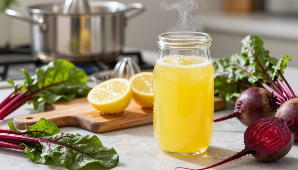 A bright, refreshing image of freshly squeezed lemon juice in a glass, surrounded by vibrant, young beet greens displaying their rich, deep red and green colors. In the foreground, a clear glass jar filled with the sparkling, yellow juice, glistening under soft, natural light. In the middle, a wooden cutting board with halved lemons and a citrus juicer, with delicate droplets of juice splattering. In the background, a stainless steel pot on a stove, hinting at a cozy kitchen atmosphere, with a gentle steam rising. The scene should evoke a feeling of freshness and vitality, emphasizing the importance of lemon juice in enhancing the color of beet greens. Warm, inviting lighting casts soft shadows, creating a serene, culinary vibe.