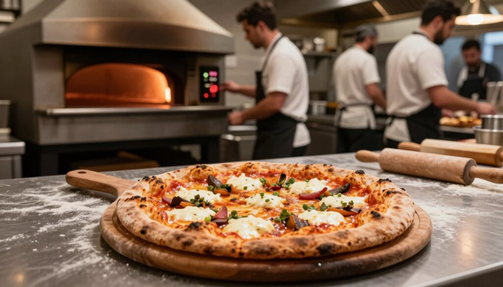 A bustling Italian pizzeria kitchen scene, showcasing a beautiful, freshly baked Pizza Guseppe resting on a wooden pizza peel amidst a warm, inviting atmosphere. In the foreground, a close-up of the pizza, with bubbling mozzarella and vibrant toppings, glistening under soft overhead lighting. The middle ground features an oven with a glowing temperature display set at an optimal baking temperature, surrounded by various pizza-making tools like a rolling pin and flour-dusted surfaces. In the background, chefs in modest culinary attire, focused and professional, are adjusting oven settings and monitoring the oven timer, adding to the lively culinary ambiance. The overall mood is warm and welcoming, encapsulating the art of perfect pizza-making with a focus on baking temperature and time.