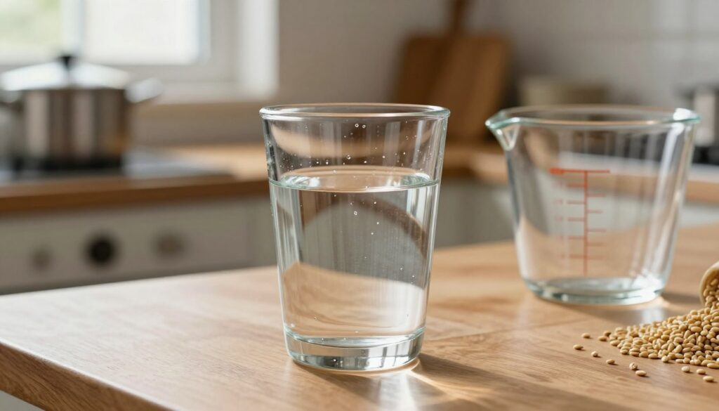 A clear glass of water sits on a wooden kitchen countertop, reflecting soft natural light from a nearby window, creating a warm and inviting atmosphere. The glass is half-filled, showcasing the purity of the water, with tiny droplets clinging to the outside. In the background, a tidy kitchen with pot and grain is visible, hinting at the preparation of barley grains. A measuring cup, with precise water measurements marked on the side, is placed beside the glass, emphasizing the importance of water proportions in cooking. The angle is slightly above eye level, focusing on the glass and the measuring cup, while the blurred kitchen scene adds depth to the composition. The overall mood is calm and instructional, perfect for conveying the essence of cooking proportions.