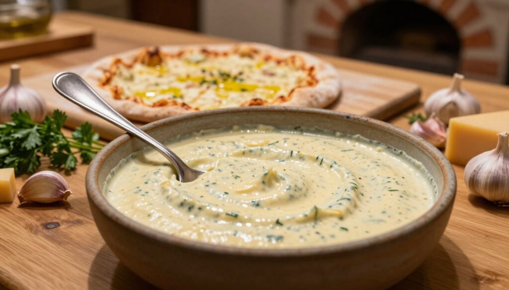 A close-up arrangement of a creamy pizza sauce in a rustic bowl, set against a wooden countertop. The sauce is thick and velvety, with visible flecks of herbs and spices intermingled, creating a rich texture. In the foreground, a silver spoon is delicately placed atop a cutting board, with fresh ingredients like garlic, parsley, and cheese artistically scattered around. The middle ground features a partially baked pizza crust, lightly brushed with olive oil, hinting at the next steps in the pizza-making process. Ambient warm lighting casts soft shadows, evoking a cozy kitchen atmosphere. The background is softly blurred, showcasing a glimpse of a traditional brick oven, enhancing the artisanal feel of the scene. The image conveys a sense of warmth, creativity, and culinary excitement.