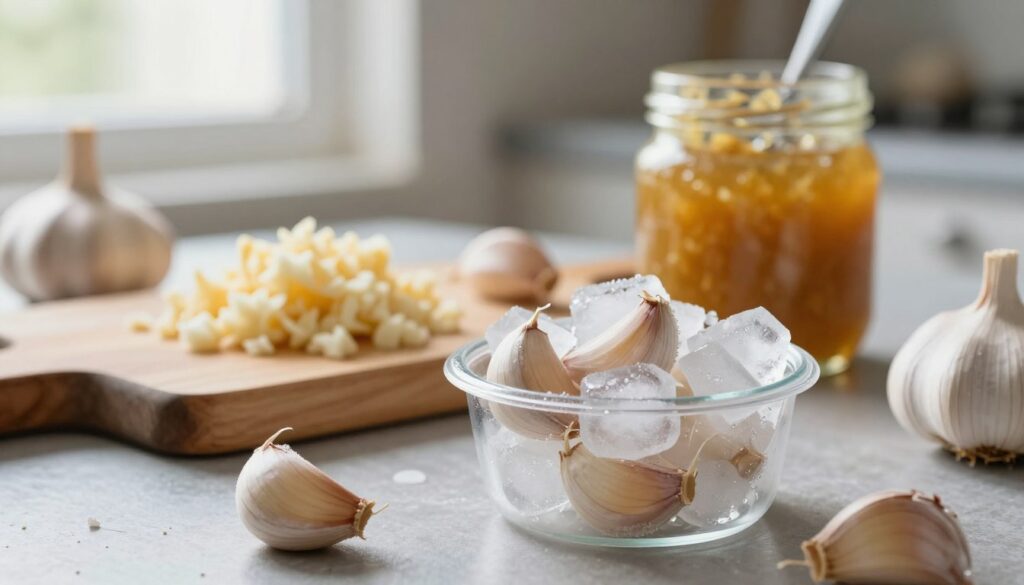 A close-up composition featuring frozen garlic in various states: whole cloves, minced garlic, and garlic paste. In the foreground, showcase a small, transparent container filled with ice cubes and whole garlic cloves, glistening with frost. In the middle ground, present a chopping board with freshly minced garlic next to a jar of garlic paste, with a few garlic bulbs scattered around. In the background, a softly lit kitchen setting with gentle natural light filtering through a window, creating a warm and inviting atmosphere. The scene should have a crisp, cool color palette emphasizing the frozen theme, evoking a sense of freshness and preservation.