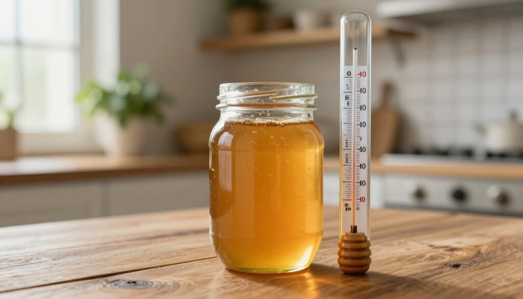 A close-up composition focusing on a jar of honey with a thermometer next to it, showcasing the ideal storage temperature range. The jar is made of glass, filled with golden honey, sitting on a rustic wooden table. Soft, warm lighting enhances the rich color and texture of the honey, creating a cozy and inviting atmosphere. In the background, a blurred kitchen scene with shelves displaying herbs and natural light coming through a window, suggesting a homey environment for honey storage. The scene conveys a sense of warmth and care, emphasizing the importance of proper temperature for preserving honey's quality. The image should be clean and professional, without any text or distractions. A close-up composition focusing on a jar of honey with a thermometer next to it, showcasing the ideal storage temperature range. The jar is made of glass, filled with golden honey, sitting on a rustic wooden table. Soft, warm lighting enhances the rich color and texture of the honey, creating a cozy and inviting atmosphere. In the background, a blurred kitchen scene with shelves displaying herbs and natural light coming through a window, suggesting a homey environment for honey storage. The scene conveys a sense of warmth and care, emphasizing the importance of proper temperature for preserving honey's quality. The image should be clean and professional, without any text or distractions.