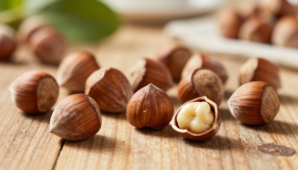 A close-up composition of hazelnuts, both in their shells and shelled, arranged artfully on a rustic wooden table. The foreground features several glossy brown hazelnuts with their distinctive round shapes, some whole with their earthy shells, while others are shelled revealing their creamy interior. In the middle ground, a few scattered hazelnut shells add texture and contrast. The background is softly blurred, featuring the warm tones of a sunlit kitchen environment, with hints of greenery to evoke a natural feel. The lighting is warm and inviting, casting gentle shadows to enhance the shapes of the nuts, creating a cozy atmosphere perfect for a culinary article.
