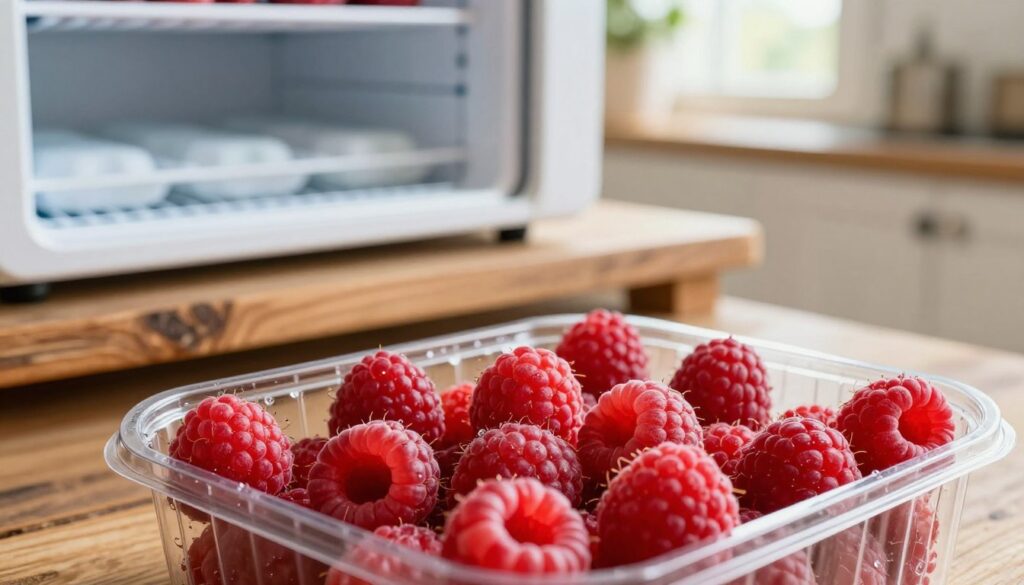 A close-up composition showcasing fresh, vibrant raspberries in various storage conditions. In the foreground, a transparent container filled with plump, unblemished raspberries with condensation on the sides, emphasizing freshness. The middle layer features a rustic wooden table, adorned with a cooling device, like an ice pack or fridge shelf, hinting at the ideal storage environment. In the background, a softly blurred kitchen scene with warm, natural light streaming in through a window, creating a cozy ambiance. The overall atmosphere is one of freshness and care, highlighting the importance of proper raspberry storage. The focus remains on the raspberries, ensuring they look appealing and appetizing, without any distractions or text. A close-up composition showcasing fresh, vibrant raspberries in various storage conditions. In the foreground, a transparent container filled with plump, unblemished raspberries with condensation on the sides, emphasizing freshness. The middle layer features a rustic wooden table, adorned with a cooling device, like an ice pack or fridge shelf, hinting at the ideal storage environment. In the background, a softly blurred kitchen scene with warm, natural light streaming in through a window, creating a cozy ambiance. The overall atmosphere is one of freshness and care, highlighting the importance of proper raspberry storage. The focus remains on the raspberries, ensuring they look appealing and appetizing, without any distractions or text.