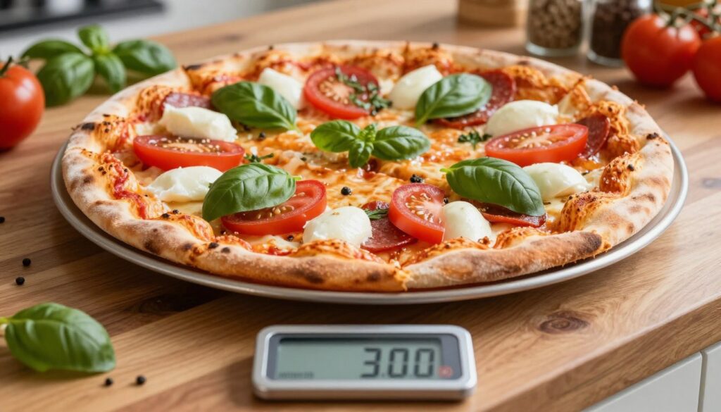 A close-up image of a delicious 32 cm pizza displayed on a wooden kitchen table. The pizza is topped with a colorful array of fresh ingredients such as red tomatoes, green basil, mozzarella cheese, and pepperoni. In the foreground, a scale shows the weight of the pizza in grams, emphasizing the connection between its mass and calorie count. The middle section features soft natural lighting illuminating the toppings, enhancing their appeal. In the background, subtle hints of a kitchen setting can be seen, with herbs and spices adding to the culinary atmosphere. This image conveys a warm, inviting mood, perfect for illustrating the relationship between calories and weight in pizza.