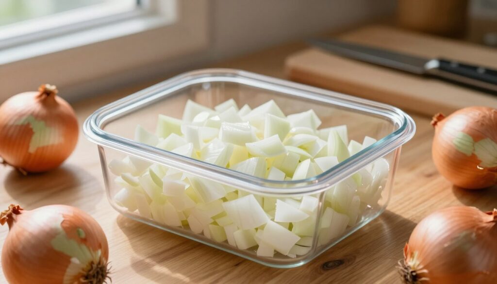 A close-up image of peeled and chopped onions displayed in a clear, airtight container. The container is resting on a wooden kitchen countertop, surrounded by a few whole onions, showcasing their rough, papery skin. Soft, natural lighting streams in from a nearby window, casting gentle shadows and highlighting the glistening surface of the chopped onions. In the background, a subtle blur features kitchen tools like a cutting board and a knife, creating a cozy, homey atmosphere. The overall mood should feel fresh and inviting, emphasizing the simplicity and practicality of storing prepared onions effectively.