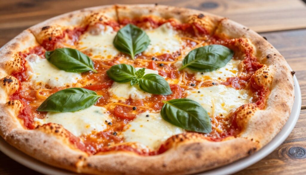 A close-up of a freshly baked pizza Margherita, displaying its vibrant colors and textures. The pizza is topped with bright red tomato sauce, creamy melted mozzarella cheese, and fresh green basil leaves, all arranged artfully. The crust is golden and perfectly baked, showing a crispy texture. In the background, a rustic wooden table adds warmth to the scene, while soft, natural lighting enhances the pizza's appetizing appearance. The angle is slightly tilted to capture the depth of the pizza's toppings, evoking a sense of deliciousness and inviting the viewer to indulge. The atmosphere is cozy and welcoming, fitting for a gourmet pizza experience.