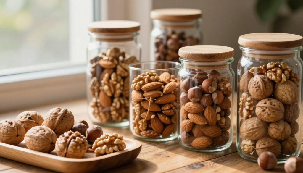 A close-up of various nuts, such as walnuts, almonds, and hazelnuts, elegantly arranged in clear glass jars with wooden lids, showcasing their rich textures and colors. The foreground features a small wooden tray with an assortment of nuts, while in the middle, the jars are placed on a rustic wooden table, highlighting their organic appeal. In the background, soft natural light filters through a nearby window, creating a warm and inviting atmosphere. Delicate shadows dance across the surface, enhancing the depth and visual interest of the image. The overall mood is cozy and homely, emphasizing the importance of proper storage techniques to maintain the nuts' flavor and properties.