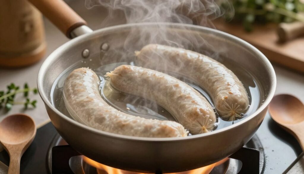 A close-up scene of a pot simmering on a small flame, filled with white sausage gently floating in steaming water. The sausages are glistening slightly, showcasing their pale color and natural casing. Light reflects off the water surface, creating a warm and inviting atmosphere. In the foreground, a wooden spoon rests beside the pot, and sprigs of fresh herbs are scattered artistically around. Soft kitchen lighting casts a cozy glow, emphasizing the steam rising from the pot. In the background, a blurred kitchen setting with rustic decor complements the scene, giving it a homey feel. The image evokes a sense of comfort and culinary care, ideal for showcasing the gentle cooking method of parzenie. A close-up scene of a pot simmering on a small flame, filled with white sausage gently floating in steaming water. The sausages are glistening slightly, showcasing their pale color and natural casing. Light reflects off the water surface, creating a warm and inviting atmosphere. In the foreground, a wooden spoon rests beside the pot, and sprigs of fresh herbs are scattered artistically around. Soft kitchen lighting casts a cozy glow, emphasizing the steam rising from the pot. In the background, a blurred kitchen setting with rustic decor complements the scene, giving it a homey feel. The image evokes a sense of comfort and culinary care, ideal for showcasing the gentle cooking method of parzenie.