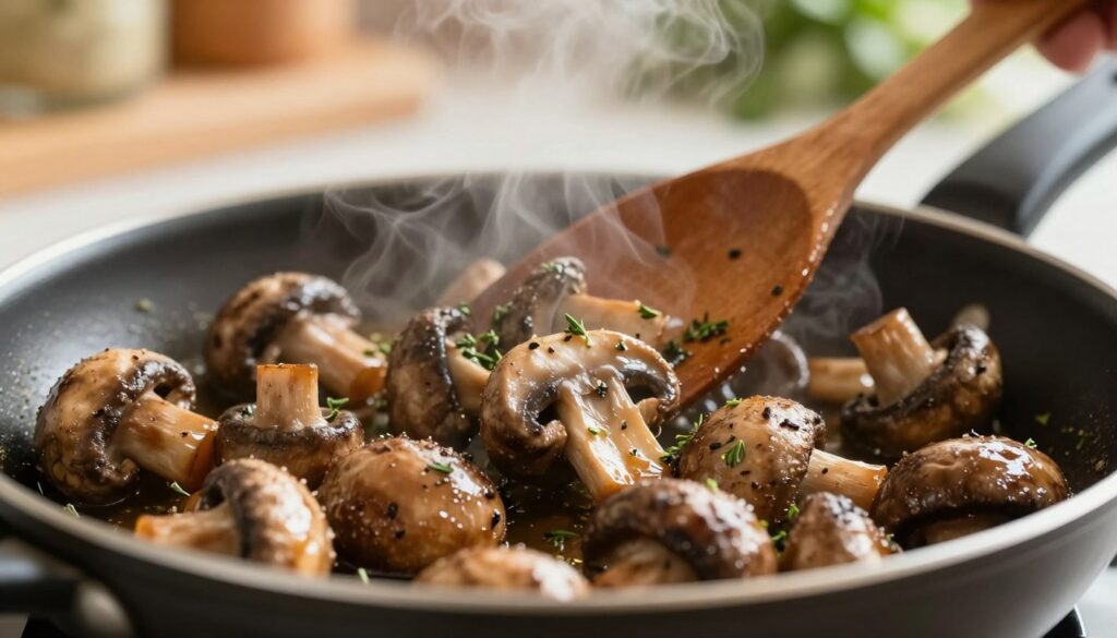 A close-up scene of sautéing mushrooms (pieczarki) in a small frying pan, seasoned with fresh oregano. The mushrooms, golden-brown and glistening, are placed in the foreground, showcasing their texture and appetizing sheen. The middle ground features a wooden spoon stirring the mushrooms, releasing steam that adds to the culinary atmosphere. In the background, a softly blurred kitchen environment with warm, natural lighting illuminates the scene, creating a cozy and inviting mood. The focus is sharp on the mushrooms, emphasizing their juicy appearance, while the faint kitchen details suggest a homey cooking experience. The overall color palette should include rich browns, earthy greens of the oregano, and warm tones to enhance the aroma of the dish.
