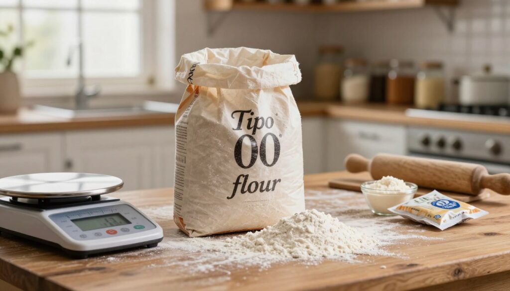 A close-up shot of a bag of 'Tipo 00 flour' sitting on a rustic wooden kitchen table, surrounded by baking tools. The bag is partially open, with fine white flour spilling slightly onto the table, creating a soft, powdery texture. In the foreground, a digital kitchen scale shows a measurement of flour in grams, alongside some fresh yeast and dried yeast packets, visually contrasting the two. The background features blurry kitchen shelves stocked with jars of ingredients, illuminated by warm, natural light coming from a nearby window. The atmosphere is cozy and inviting, evoking a sense of home baking, with an emphasis on traditional Italian pizza preparation.