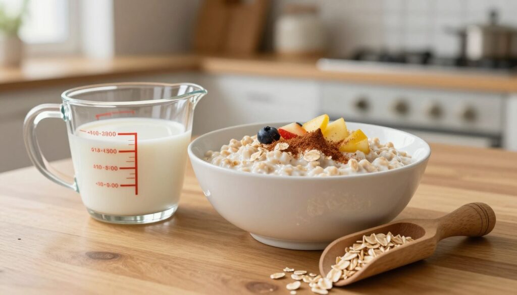A close-up shot of a bowl of oatmeal, beautifully plated with precise measurements of rolled oats and liquid beside it, showcasing the ideal proportions for cooking. The foreground features a smooth, wooden table with a transparent glass measuring cup filled with milk and a wooden scoop of oats elegantly placed next to it. The middle ground displays the bowl of creamy oatmeal topped with a sprinkle of cinnamon and fresh fruits, conveying a sense of warmth and homeliness. In the background, a softly blurred kitchen setting with warm, inviting lighting enhances the cozy atmosphere. Use natural light from a nearby window to illuminate the scene, creating a soothing and appetizing mood. The composition focuses on the textures and colors, making it visually appealing and informative.