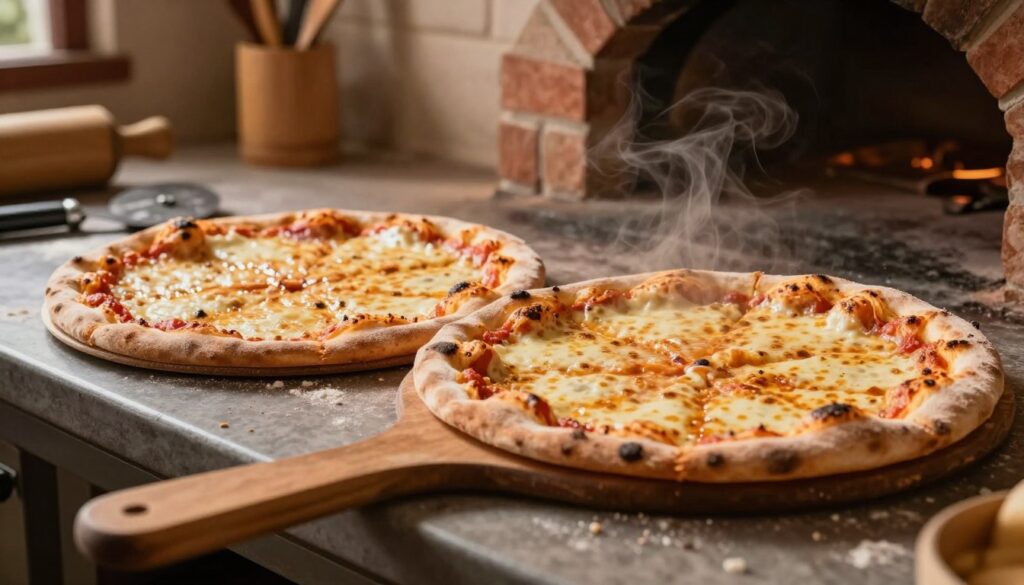 A close-up shot of a freshly baked pizza just removed from an oven, showcasing a thin crust on one side and a thick crust on the other, highlighting the differences in texture and color. The foreground features a wooden pizza peel with a golden-brown thin-crust pizza alongside a larger, thicker-crust pizza that is bubbling with cheese. The middle ground includes a rustic kitchen setting, with a brick oven and kitchen utensils like a pizza cutter and flour scattered on the countertop. A warm, inviting light illuminates the scene, creating a cozy atmosphere. Subtle steam rises from the pizzas, enhancing the feeling of fresh-made goodness. The angle captures both pizzas in a way that clearly displays their unique characteristics, perfect for illustrating baking times in the article. A close-up shot of a freshly baked pizza just removed from an oven, showcasing a thin crust on one side and a thick crust on the other, highlighting the differences in texture and color. The foreground features a wooden pizza peel with a golden-brown thin-crust pizza alongside a larger, thicker-crust pizza that is bubbling with cheese. The middle ground includes a rustic kitchen setting, with a brick oven and kitchen utensils like a pizza cutter and flour scattered on the countertop. A warm, inviting light illuminates the scene, creating a cozy atmosphere. Subtle steam rises from the pizzas, enhancing the feeling of fresh-made goodness. The angle captures both pizzas in a way that clearly displays their unique characteristics, perfect for illustrating baking times in the article.