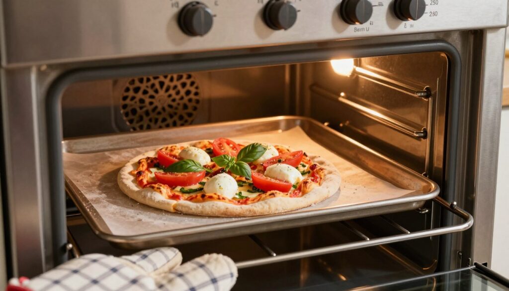 A close-up shot of a home oven at 250 degrees Celsius, emphasizing a pizza stone and a metal baking tray inside. The pizza stone is preheated, showcasing its rustic texture, while a gourmet pizza, with vibrant toppings of fresh tomatoes, mozzarella, and basil, rests delicately on the stone. The oven has a warm, golden glow, creating an inviting atmosphere. In the foreground, a pair of oven mitts in a checkered pattern can be seen, suggesting careful handling. The kitchen background is softly blurred, with hints of Italian herbs and utensils, enhancing the culinary theme. The lighting is warm and flattering, giving a professional look, reminiscent of a cooking magazine. The image captures the essence of homemade pizza perfection.