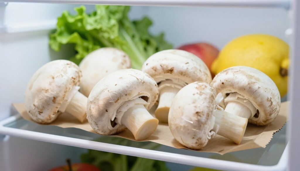 A close-up shot of fresh, unblemished mushrooms (pieczarki) nestled in a bright, organized refrigerator. The mushrooms are placed on a clean shelf, surrounded by paper wrapping to keep them fresh, showcasing various shades of white and light brown. The background features a well-lit interior, with other fresh produce like green leafy vegetables and bright fruits, promoting a sense of health and freshness. Natural, soft lighting illuminates the mushrooms, creating gentle shadows and highlighting their smooth textures. The angle is slightly from above to capture both the mushrooms and their surroundings, emphasizing the importance of proper storage to maintain their color and quality. The overall mood is clean and inviting, evoking a feeling of care in food preservation.