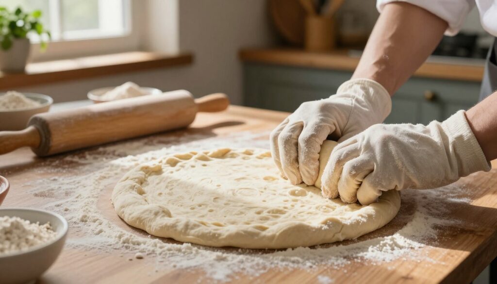 A close-up shot of freshly kneaded pizza dough on a wooden countertop, dusted with flour. The dough is perfectly round, showcasing a soft, pliable texture, with visible air bubbles indicating good fermentation. In the foreground, a chef's hands are skillfully shaping the dough, wearing light cotton gloves. The middle area features a variety of ingredients, including bowls of flour and yeast, and a wooden rolling pin nearby, all illuminated by warm natural light pouring in from a window. In the background, a rustic kitchen setting with wooden shelves filled with herbs and kitchen utensils. The atmosphere is inviting and warm, emphasizing the art of making the perfect pizza base.