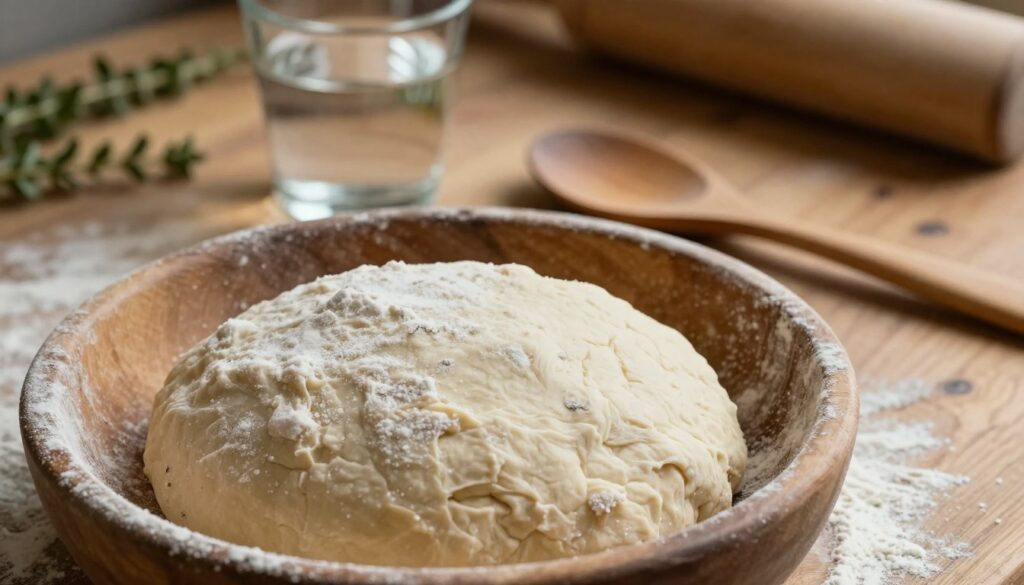 A close-up shot of freshly prepared yeast dough, also known as "rozczyn drożdży," in a rustic kitchen setting. The foreground features a round wooden bowl filled with a fluffy, light-colored dough, lightly dusted with flour, showing its texture. In the middle, a wooden spoon rests beside the bowl, and a small glass of water with a slight reflection catches the warm light. The background includes a well-worn wooden countertop, scattered flour, and a few sprigs of fresh herbs, hinting at the coming pizza preparation. The lighting is soft and warm, creating a cozy atmosphere. The scene captures the essence of kneading and mixing dough, evoking feelings of comfort and the anticipation of baking. A close-up shot of freshly prepared yeast dough, also known as "rozczyn drożdży," in a rustic kitchen setting. The foreground features a round wooden bowl filled with a fluffy, light-colored dough, lightly dusted with flour, showing its texture. In the middle, a wooden spoon rests beside the bowl, and a small glass of water with a slight reflection catches the warm light. The background includes a well-worn wooden countertop, scattered flour, and a few sprigs of fresh herbs, hinting at the coming pizza preparation. The lighting is soft and warm, creating a cozy atmosphere. The scene captures the essence of kneading and mixing dough, evoking feelings of comfort and the anticipation of baking.