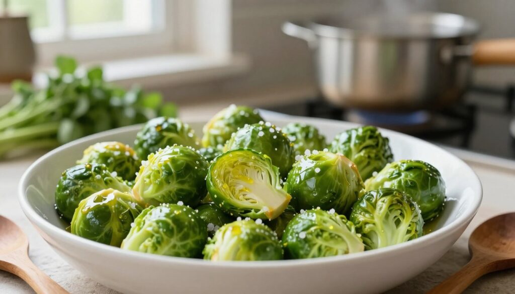 A close-up shot of perfectly cooked Brussels sprouts, glistening with a light sheen of olive oil and sprinkled with coarse sea salt. The vibrant green color of the sprouts should pop against a clean white bowl, showcasing their al dente texture. In the foreground, a wooden spoon rests beside the bowl, hinting at the cooking process. The middle ground features a rustic kitchen countertop, with a soft-focus background of fresh herbs and a pot of boiling water. Natural daylight filters in from a nearby window, creating a warm and inviting atmosphere. The overall mood should evoke a sense of freshness and readiness for a delicious meal, emphasizing the joy of cooking without bitterness. A close-up shot of perfectly cooked Brussels sprouts, glistening with a light sheen of olive oil and sprinkled with coarse sea salt. The vibrant green color of the sprouts should pop against a clean white bowl, showcasing their al dente texture. In the foreground, a wooden spoon rests beside the bowl, hinting at the cooking process. The middle ground features a rustic kitchen countertop, with a soft-focus background of fresh herbs and a pot of boiling water. Natural daylight filters in from a nearby window, creating a warm and inviting atmosphere. The overall mood should evoke a sense of freshness and readiness for a delicious meal, emphasizing the joy of cooking without bitterness.