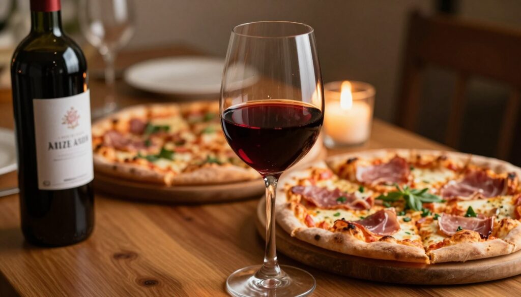 A close-up view of a beautifully arranged table featuring a bottle of rich red wine next to a large, aromatic pizza topped with ham and other meats. In the foreground, focus on the wine glass, filled to the brim, reflecting warm candlelight, creating a cozy ambiance. The pizza should be garnished with fresh herbs, emphasizing its appetizing look. In the middle ground, slightly blurred, add a rustic wooden cutting board showing a few slices of pizza ready to be served. The background should include a softly lit, intimate dining setting with warm tones, enhancing the inviting atmosphere for a meal paired with red wine. Capture the scene with a shallow depth of field to draw attention to the wine and pizza.