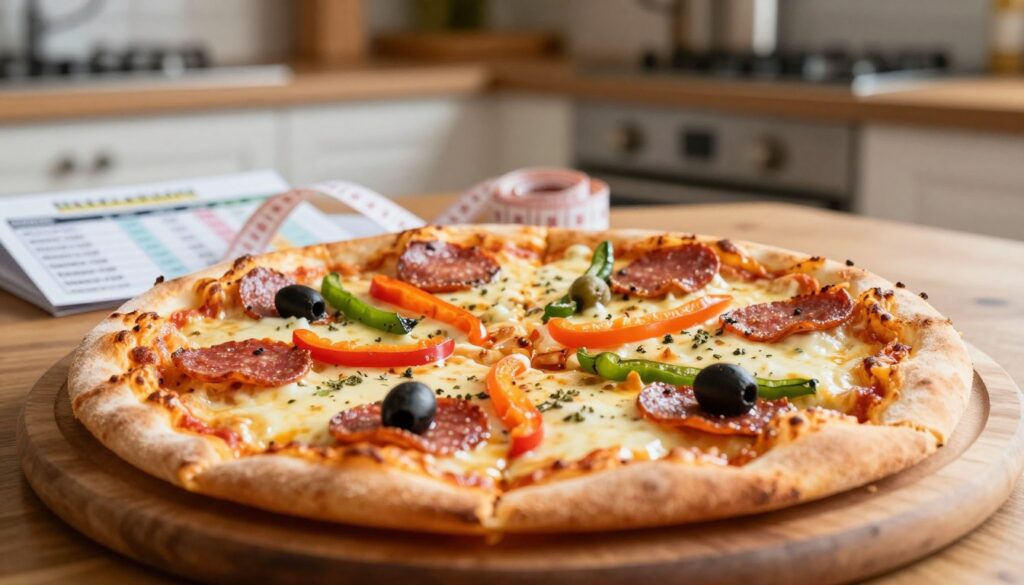 A close-up view of a delicious, 30 cm pizza, showcasing various toppings that emphasize its calorie content, such as creamy cheese, generous slices of pepperoni, and vibrant vegetables like bell peppers and olives. In the foreground, a wooden pizza board displays the pizza, with a few scattered herbs for garnish. The middle ground should include a measuring tape or a nutritional chart subtly placed to hint at calorie counts. The background features a warm, inviting kitchen with soft, natural lighting, highlighting the mouthwatering texture of the cheese and the golden crust. The angle is slightly tilted to create a dynamic perspective, evoking a cozy, gourmet atmosphere, perfect for a culinary article.