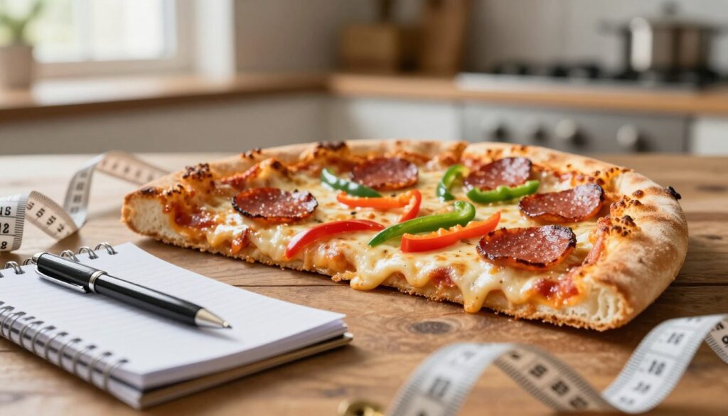 A close-up view of a delicious slice of pizza topped with vibrant ingredients, prominently featuring melted cheese, pepperoni, and bell peppers, laying on a rustic wooden table. In the foreground, a measuring tape and a small notepad with a pen are placed beside the pizza slice, symbolizing calorie counting. The middle ground showcases the pizza slice at an angle, allowing for a tantalizing view of its cheesy texture and toppings. The background is softly blurred, invoking a warm kitchen atmosphere with a light source from a window, casting a gentle glow on the scene. The mood should convey a sense of comfort and an inviting home-cooked feel, perfect for an article about calculating pizza calories. A close-up view of a delicious slice of pizza topped with vibrant ingredients, prominently featuring melted cheese, pepperoni, and bell peppers, laying on a rustic wooden table. In the foreground, a measuring tape and a small notepad with a pen are placed beside the pizza slice, symbolizing calorie counting. The middle ground showcases the pizza slice at an angle, allowing for a tantalizing view of its cheesy texture and toppings. The background is softly blurred, invoking a warm kitchen atmosphere with a light source from a window, casting a gentle glow on the scene. The mood should convey a sense of comfort and an inviting home-cooked feel, perfect for an article about calculating pizza calories.