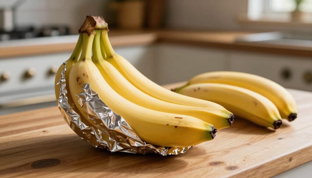 A close-up view of a fresh bunch of bananas wrapped carefully in aluminum foil, focusing on the shiny, reflective texture of the foil that contrasts with the vibrant yellow of the bananas. The foreground should highlight the intricate details of the foil crinkling around the fruit, emphasizing its protective qualities. In the middle ground, include a wooden kitchen countertop as the setting, with a few bananas peeking out beside the wrapped ones. The background should softly blur the outlines of a rustic kitchen, featuring hints of other kitchen tools, creating an inviting atmosphere. The lighting is warm and natural, mimicking sunlight filtering through a window, casting gentle shadows and enhancing the colors in the scene. The mood is practical yet cozy, illustrating a simple yet effective tip for slowing banana ripening.