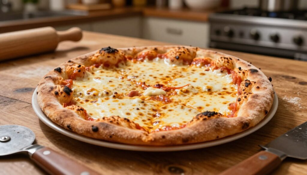 A close-up view of a freshly baked pizza Guseppe with four types of melted cheese, showcasing a perfectly golden and crispy crust. The pizza is placed on a rustic wooden table, with a background of a cozy Italian kitchen, featuring warm lighting and soft shadows that enhance the inviting atmosphere. In the foreground, there are subtle signs of common pizza baking problems, such as slightly burnt edges and unevenly melted cheese, alongside a few essential tools like a pizza cutter and a spatula. The image captures a warm, homey vibe with an emphasis on the artistry of pizza making, highlighting the balance between perfection and minor imperfections in a delightful manner.