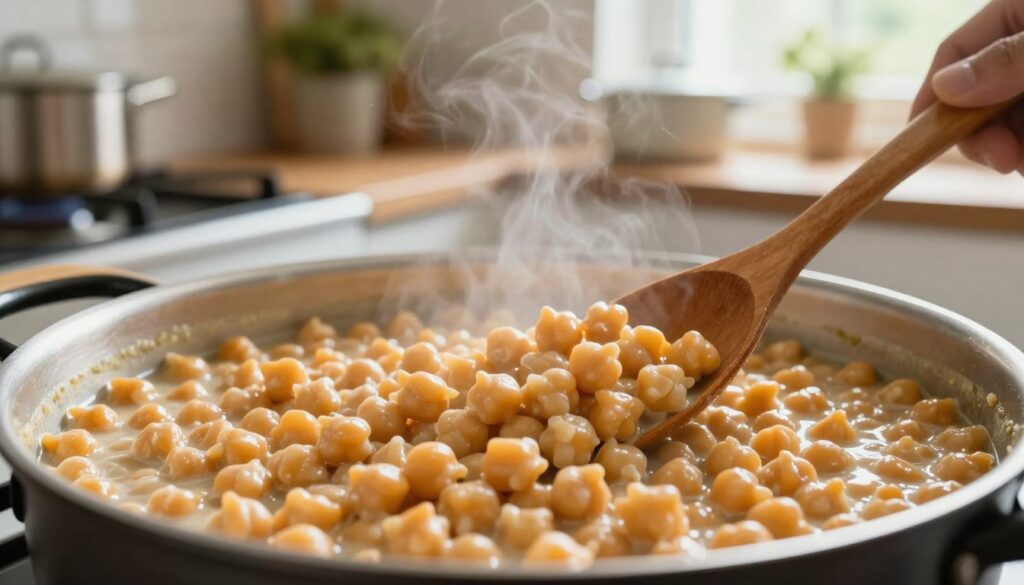 A close-up view of a freshly cooked pot of chickpeas without prior soaking, showcasing their creamy texture. In the foreground, a wooden spoon stirs the golden, plump chickpeas, steam rising gently from the surface. The middle layer includes a rustic kitchen setting, featuring a stovetop with a small pot and scattered kitchen utensils around, hinting at an informal cooking atmosphere. In the background, soft-focus pots and plants decorate a warm, inviting kitchen space, illuminated by natural light streaming through a window. The overall mood is warm and homely, emphasizing the simplicity and simplicity of the cooking process.