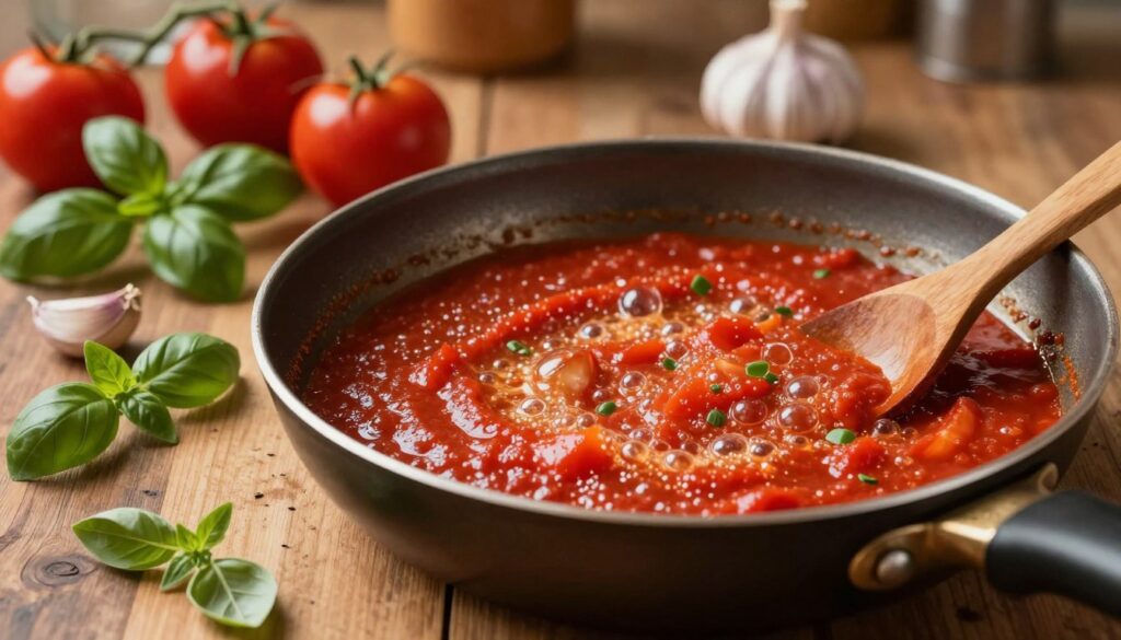A close-up view of a frying pan on a rustic wooden kitchen table, filled with vibrant red tomato sauce bubbling gently. Fresh herbs like basil and oregano are scattered around, alongside whole tomatoes and garlic cloves. The frying pan is well-worn, showing signs of culinary use, evoking a homely atmosphere. In the background, soft, warm kitchen lighting creates a cozy ambiance, illuminating the rich colors of the sauce and ingredients. A wooden spoon rests on the edge of the pan, suggesting an ongoing cooking process. The scene captures the essence of homemade pizza sauce preparation, inviting the viewer to experience the warmth and simplicity of this easy recipe. No people or text elements are present, focusing entirely on the dish's vibrant colors and textures.