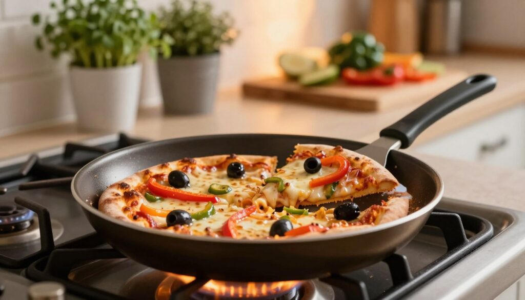 A close-up view of a frying pan on a stovetop, featuring a delicious slice of pizza being reheated. The pizza has gooey melted cheese, vibrant toppings like bell peppers and olives, and a golden-brown crust. In the foreground, the frying pan is placed on the burner, with gentle flames creating a warm glow. The middle layer includes a spatula resting beside the pan, ready to flip the pizza. The background has a softly lit kitchen counter with herbs in pots and a cutting board with vegetables. The atmosphere is cozy and inviting, illuminated by warm kitchen lighting that highlights the colors and textures of the pizza. Shot from an angle that captures both the pizza and the kitchen environment harmoniously.