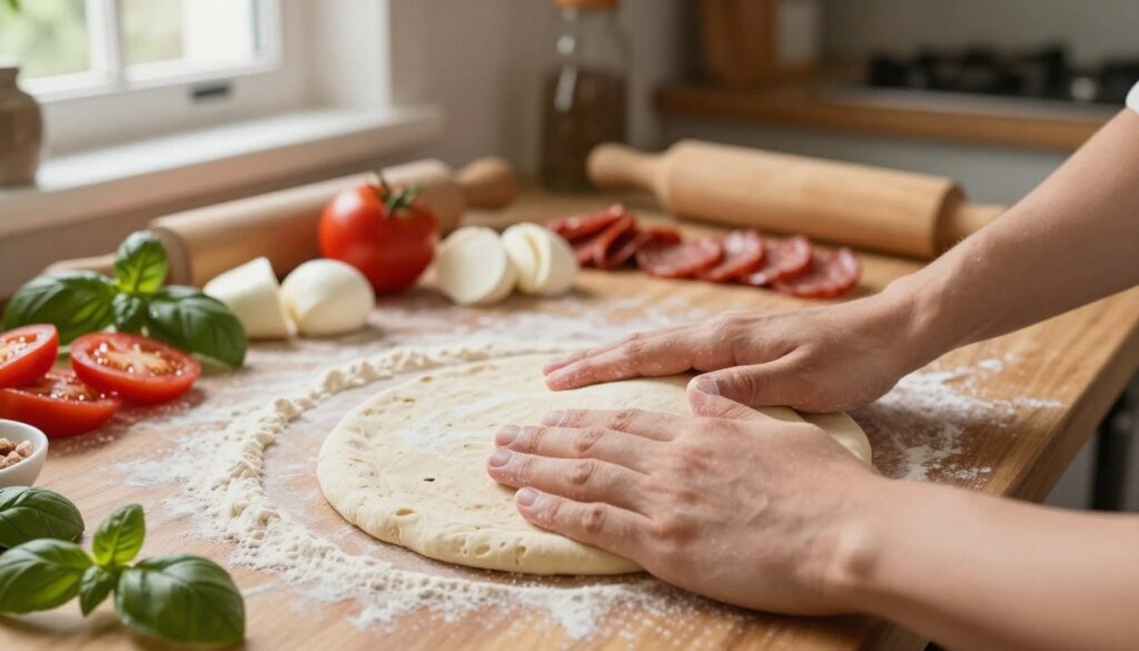 A close-up view of a hands-on pizza dough shaping process, showcasing a wooden countertop sprinkled with flour. In the foreground, two hands gently press and stretch a dough ball into a flat disc, ensuring to maintain air bubbles for the perfect texture. Surrounding the dough, a colorful array of pizza toppings like fresh basil, ripe tomatoes, mozzarella cheese, and pepperoni slices are artfully arranged. The background features a rustic kitchen setting with warm, natural light streaming in from a nearby window, highlighting the details in the dough and toppings. The overall mood is inviting and homey, emphasizing the craftsmanship of pizza making.