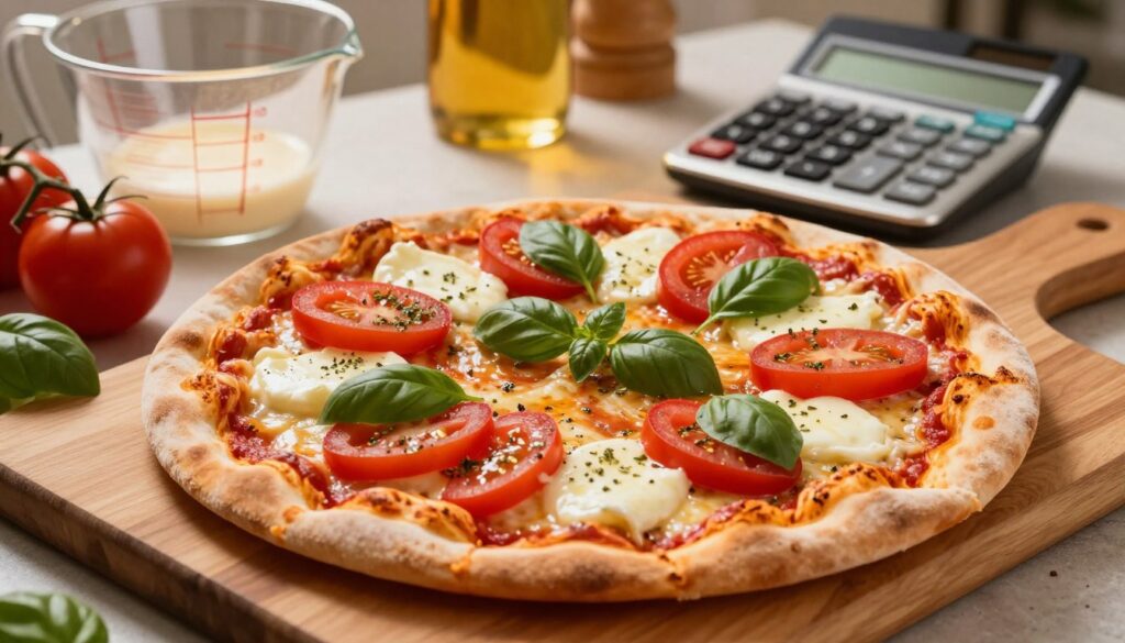 A close-up view of a homemade 30 cm pizza on a wooden cutting board, with fresh ingredients beautifully arranged around it. The pizza is topped with vibrant red tomatoes, melted mozzarella cheese, fragrant basil, and a sprinkle of oregano, showcasing an authentic Italian look. In the background, a measuring cup and a calculator are placed amidst a glowing kitchen ambiance, symbolizing the measurement process for calorie calculation. Soft, warm lighting casts gentle shadows, enhancing the textures of the ingredients. The scene is inviting and cozy, exuding a sense of homemade charm while clearly illustrating the theme of pizza calorie calculation. The camera angle is slightly above the pizza, focusing on its toppings and ingredients without any text or distractions.