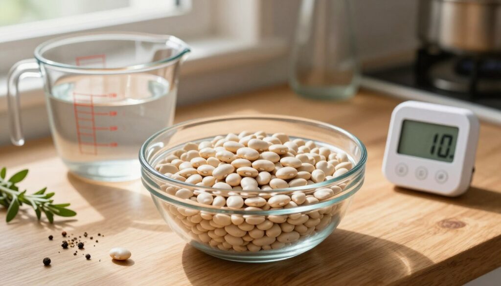 A close-up view of a rustic kitchen counter with a clear glass bowl filled with soaked white kidney beans, showcasing their plump, hydrated texture. Surrounding the bowl, there's a measuring cup with exactly three cups of fresh, clear water, and a digital timer set to one hour, suggesting the soaking time. In the background, soft natural light filters in through a window, casting gentle shadows and highlighting a few scattered herbs and spices for a homely feel. The wooden countertop adds warmth to the scene, while the focus remains on the beans and the soaking process, inviting the viewer into the practical aspect of cooking. The mood is calm and inviting, perfect for a cooking atmosphere.