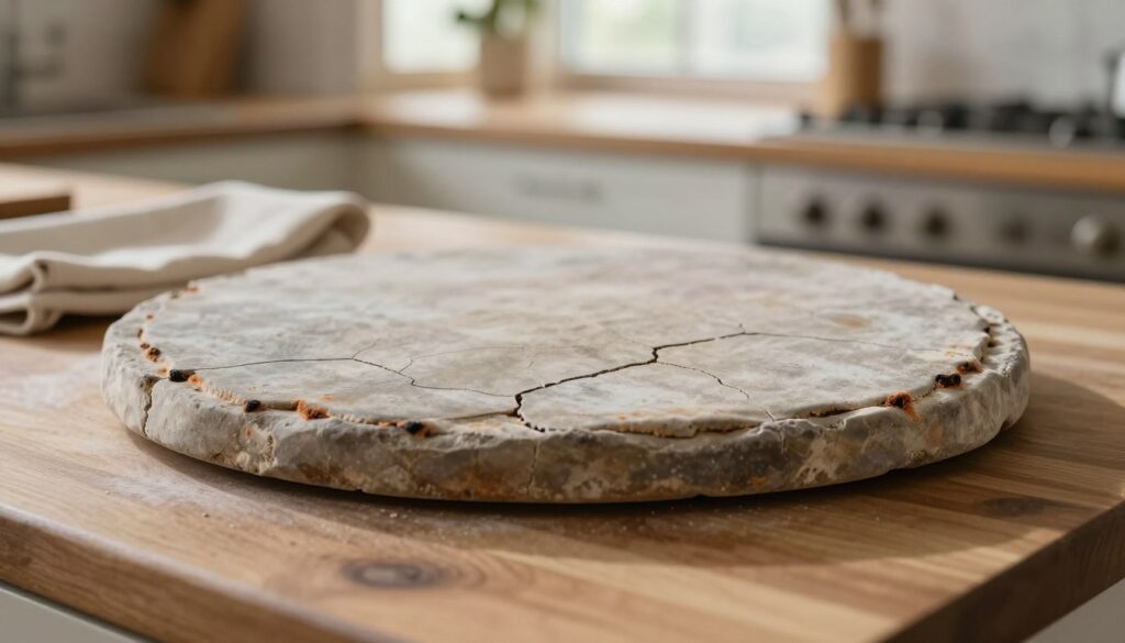 A-close-up view of a rustic pizza stone showing intricate cracks and fissures, resting on a wooden kitchen countertop. The foreground highlights the texture of the stone, capturing various shades of grey and hints of burnt residue, emphasizing its weathered appearance. In the middle ground, a soft cloth lies beside the stone, hinting at a gentle cleaning approach without harsh detergents. The background features a blurred warmth of a cozy kitchen, with soft, natural lighting streaming through a window, casting gentle shadows. The overall mood is calm and inviting, illustrating the delicate nature of the pizza stone and the importance of care to avoid further damage.