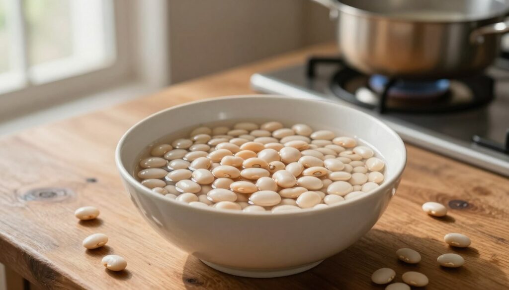 A close-up view of a rustic wooden table featuring a bowl of dried white beans soaking in clear water, with a few scattered beans around to emphasize the soaking process. Soft natural light streams in from a window, creating a warm and inviting atmosphere. In the background, a gentle blur reveals a stove with a pot simmering, representing the cooking phase of bean preparation. The image should evoke a sense of comfort and homeliness, showcasing the meticulous care involved in preparing beans for soup. The overall composition should have a shallow depth of field, accentuating the bowl of beans as the main focus while softly blurring the background elements. A close-up view of a rustic wooden table featuring a bowl of dried white beans soaking in clear water, with a few scattered beans around to emphasize the soaking process. Soft natural light streams in from a window, creating a warm and inviting atmosphere. In the background, a gentle blur reveals a stove with a pot simmering, representing the cooking phase of bean preparation. The image should evoke a sense of comfort and homeliness, showcasing the meticulous care involved in preparing beans for soup. The overall composition should have a shallow depth of field, accentuating the bowl of beans as the main focus while softly blurring the background elements.