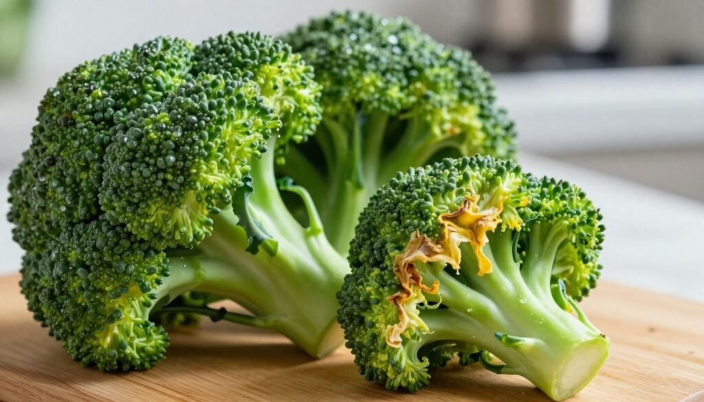 A close-up view of fresh broccoli heads displaying their vibrant green color and fine details, such as small water droplets clinging to the florets, symbolizing freshness. In the foreground, some broccoli is wilted and discolored, with yellowing leaves and a slightly shriveled stem, illustrating signs of spoilage. The background features a blurred kitchen setting, with a wooden cutting board and a faint hint of refrigeration in view, suggesting storage methods. The natural light illuminates the broccoli, casting soft shadows that enhance texture, creating a fresh yet poignant atmosphere, evoking awareness of freshness and quality in vegetables. The angle is slightly tilted downwards to capture the alluring textures on the broccoli while emphasizing the distinction between fresh and spoiled produce. A close-up view of fresh broccoli heads displaying their vibrant green color and fine details, such as small water droplets clinging to the florets, symbolizing freshness. In the foreground, some broccoli is wilted and discolored, with yellowing leaves and a slightly shriveled stem, illustrating signs of spoilage. The background features a blurred kitchen setting, with a wooden cutting board and a faint hint of refrigeration in view, suggesting storage methods. The natural light illuminates the broccoli, casting soft shadows that enhance texture, creating a fresh yet poignant atmosphere, evoking awareness of freshness and quality in vegetables. The angle is slightly tilted downwards to capture the alluring textures on the broccoli while emphasizing the distinction between fresh and spoiled produce.