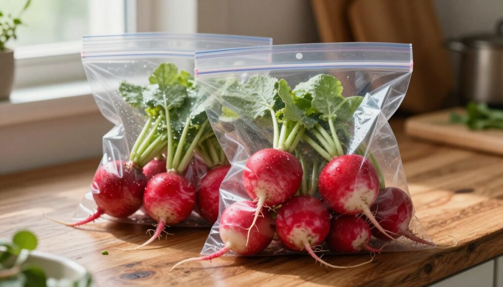 A close-up view of fresh, crisp radishes stored in clear, zippered storage bags, showcasing their vibrant red color and green tops. The bags, slightly open to reveal the radishes, are placed on a rustic wooden kitchen counter. A soft, warm light filters in from a nearby window, casting gentle shadows and highlighting the dew-like freshness of the radishes. In the background, hints of a cozy kitchen environment are visible, including a wooden cutting board and a few sprigs of herbs, adding a homely atmosphere. The focus should be on the storage bags and radishes, creating a sense of freshness and practicality to convey effective moisture control for keeping radishes crispy.