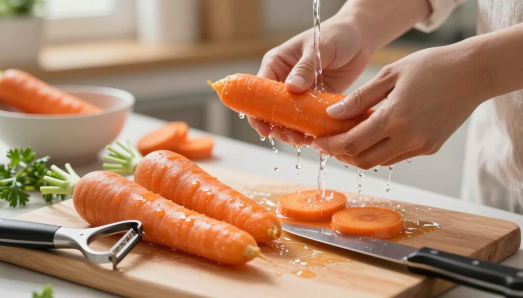 A close-up view of fresh, vibrant orange carrots being prepared for cooking. In the foreground, prominently feature a cutting board with several whole, unpeeled carrots, a vegetable peeler, and a sharp knife. In the middle ground, show hands skillfully washing the carrots under running water, with droplets glistening in the light. In the background, a cozy kitchen setup is visible, with warm, natural lighting creating a welcoming atmosphere. Soft-focus elements like a bowl of cut carrots alongside small herbs enhance the homely feel. The angle should be slightly overhead to capture the action and textures, emphasizing the simplicity and care involved in preparing carrots before cooking.