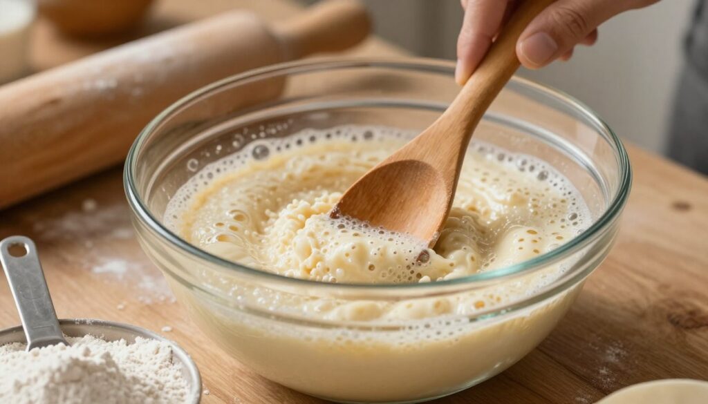 A close-up view of fresh yeast being activated for dough, showcasing granular texture and creamy bubbling mixture in a clear glass bowl. The foreground features ingredients like flour and a measuring spoon, hinting at the preparation process. In the middle, a hand gently stirs mixture with a wooden spoon, emphasizing the interaction with the yeast. The background includes a soft-focus kitchen setting with warm, inviting lighting illuminating rustic wooden surfaces. The atmosphere conveys a homey, comforting mood, ideal for baking. Use natural light to enhance the subtle golden tones and create a warm ambiance, reminiscent of a bustling kitchen where delicious pizzas are made.