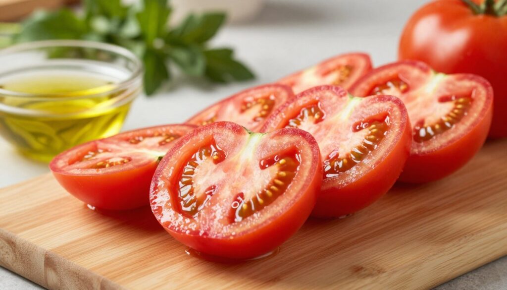 A close-up view of freshly cut tomatoes, showcasing their bright red flesh and juicy texture, arranged artfully on a light wooden cutting board. The background features a softly blurred kitchen setting, with green herbs and a small glass bowl of olive oil nearby to enhance the culinary theme. The lighting is warm and inviting, casting gentle shadows that highlight the moisture glistening on the tomato slices. A hint of freshness is conveyed through soft-focus leaves in the background. The mood is cozy and homely, creating an atmosphere perfect for cooking and food preservation. This composition captures the essence of storing sliced tomatoes and leftovers, creating an appealing visual for readers.