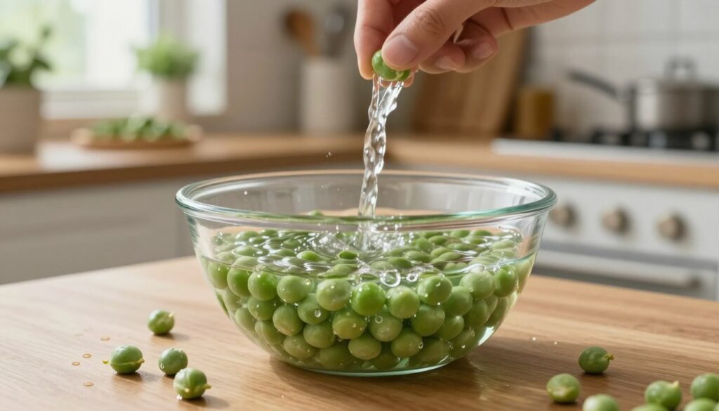 A close-up view of green split peas soaking in a clear bowl of water on a wooden kitchen countertop. In the foreground, the peas are glistening with droplets, showcasing their vibrant green color. In the middle ground, a hand gently pouring water into the bowl, creating splashes and ripples, emphasizes the soaking process. The background features a soft-focus view of a cozy kitchen with natural lighting pouring in from a window, highlighting herbs and cooking utensils on shelves. The atmosphere is warm and inviting, suggesting a homely cooking environment. The scene conveys a sense of care and preparation, appealing to those looking to learn the proper soaking technique for easier digestion.