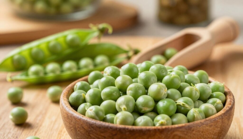 A close-up view of split and hulled peas, known as "groch łuskany," arranged artistically on a wooden surface. The foreground features a rustic bowl filled with vibrant green, split peas, their smooth, glossy texture shining under soft, natural light. In the middle ground, a scattering of whole pea pods and a small wooden scoop complement the scene, highlighting the variety of peas. The background softly blurs into a warm kitchen setting, with hints of cooking utensils and herbs subtly out of focus, creating an inviting atmosphere. The lighting is warm and earthy, enhancing the natural colors and textures of the ingredients, conveying a sense of home-cooked comfort and care.