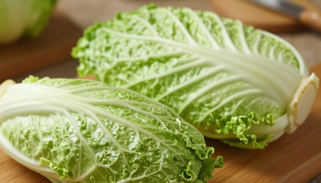 A close-up view of tough green cabbage leaves suitable for making stuffed cabbage rolls. The foreground features a vibrant, glossy cabbage leaf, showcasing its thick texture and tightly coiled edges. In the middle ground, several fresh, raw cabbage leaves are arranged elegantly, some slightly torn at the edges to represent common cooking issues. The background is softly blurred, hinting at a rustic kitchen setting with warm wooden tones, evoking a cozy atmosphere. Natural soft lighting illuminates the scene, highlighting the textures and colors of the cabbage, while a shallow depth of field ensures the focus remains on the leaves. The overall mood is one of culinary exploration, illustrating the challenges of preparing cabbage for traditional dishes.